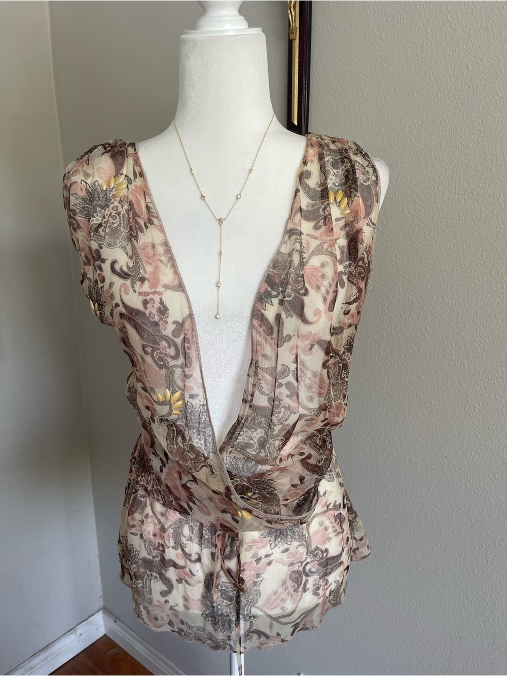 Karen Kane Sheer Paisley Blouse in Blush and Brown